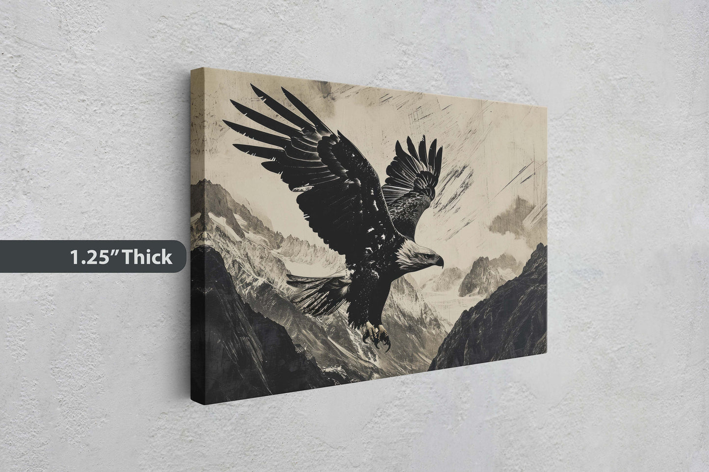 Black and White Eagle, Bald Eagle Painting, Cabin Decor, Mountain Home Art, Framed Canvas, Mountain Range, Nature Art