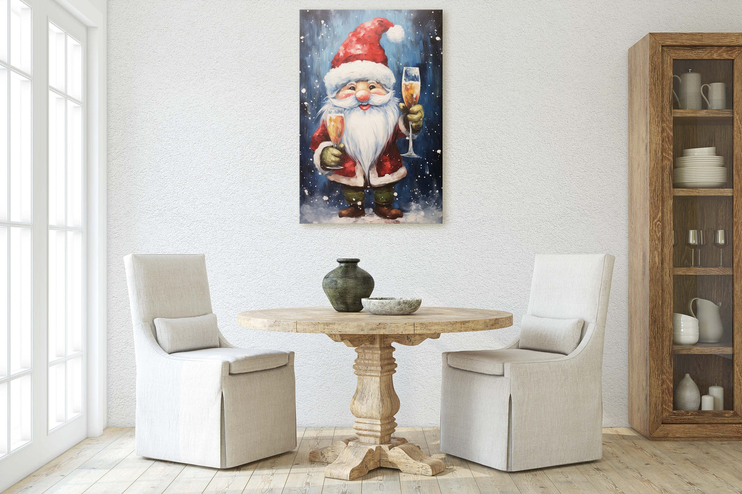 Cute Santa Wine, Santa Clause, Christmas Decor, Santa Painting, Saint Nick, Christmas Gift, Framed Canvas, Father Christmas, Holiday Artwork