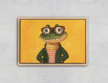 Hipster Crocodile, Pop Art, Street Art, Graffiti Painting, Animal Sunglasses, Yellow, Fun Quirky, Large Art Print, Kids Room, Boys Room