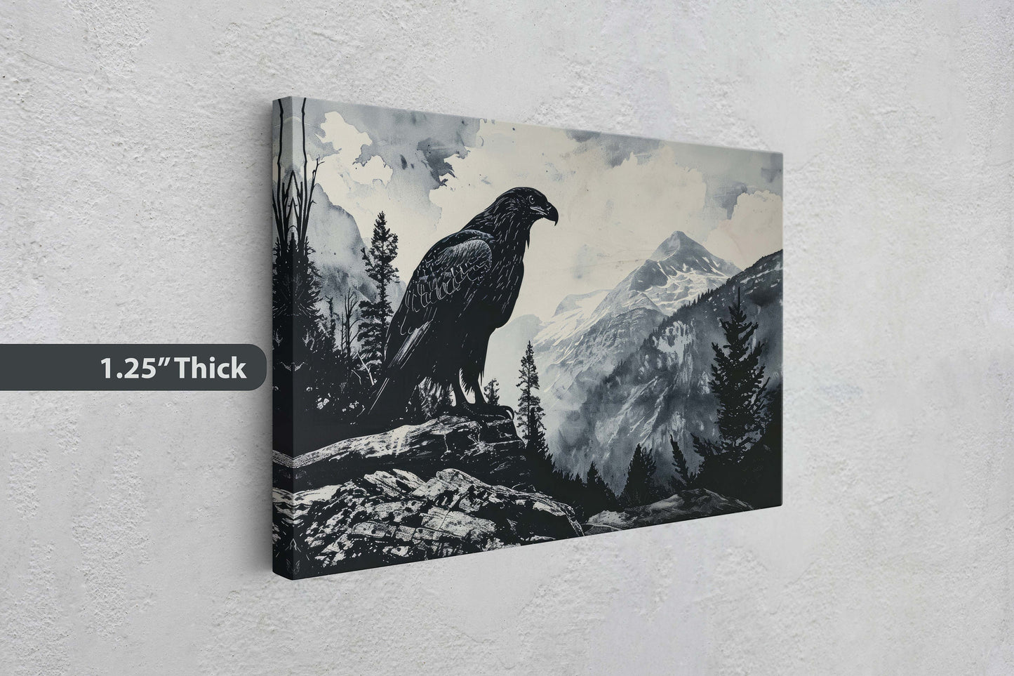 Black and White Eagle,  Hawk Painting, Cabin Decor, Mountain Home Art, Framed Canvas, Eagle Painting, Mountain Range, Nature Art