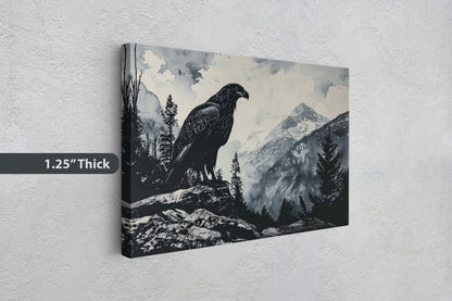 Black and White Eagle,  Hawk Painting, Cabin Decor, Mountain Home Art, Framed Canvas, Eagle Painting, Mountain Range, Nature Art