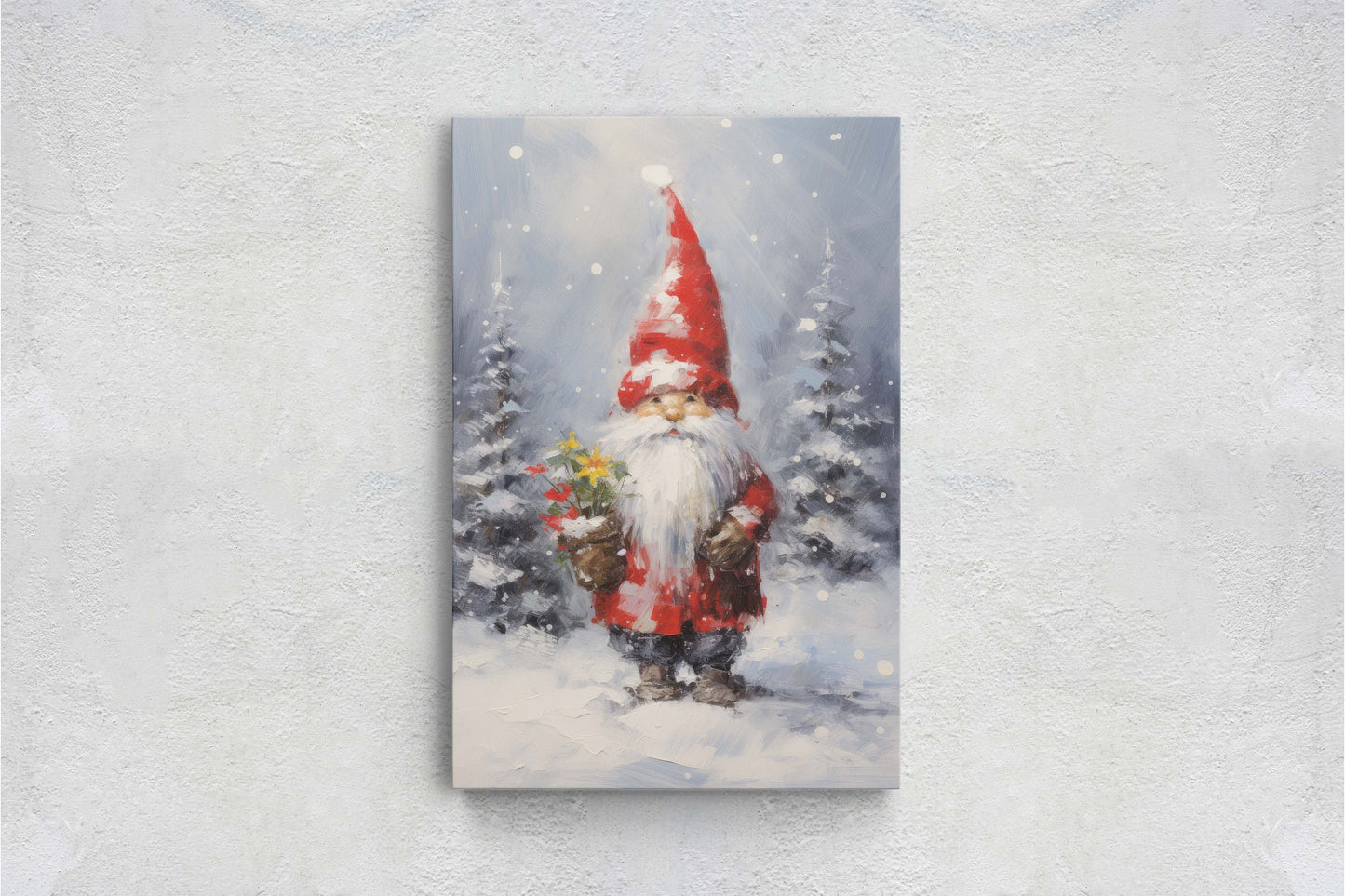 Christmas Elf, Christmas Gnome, Santa Clause Flower, Cute Santa, Christmas Decor, Xmas Painting, Framed Canvas