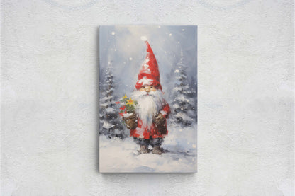 Christmas Elf, Christmas Gnome, Santa Clause Flower, Cute Santa, Christmas Decor, Xmas Painting, Framed Canvas