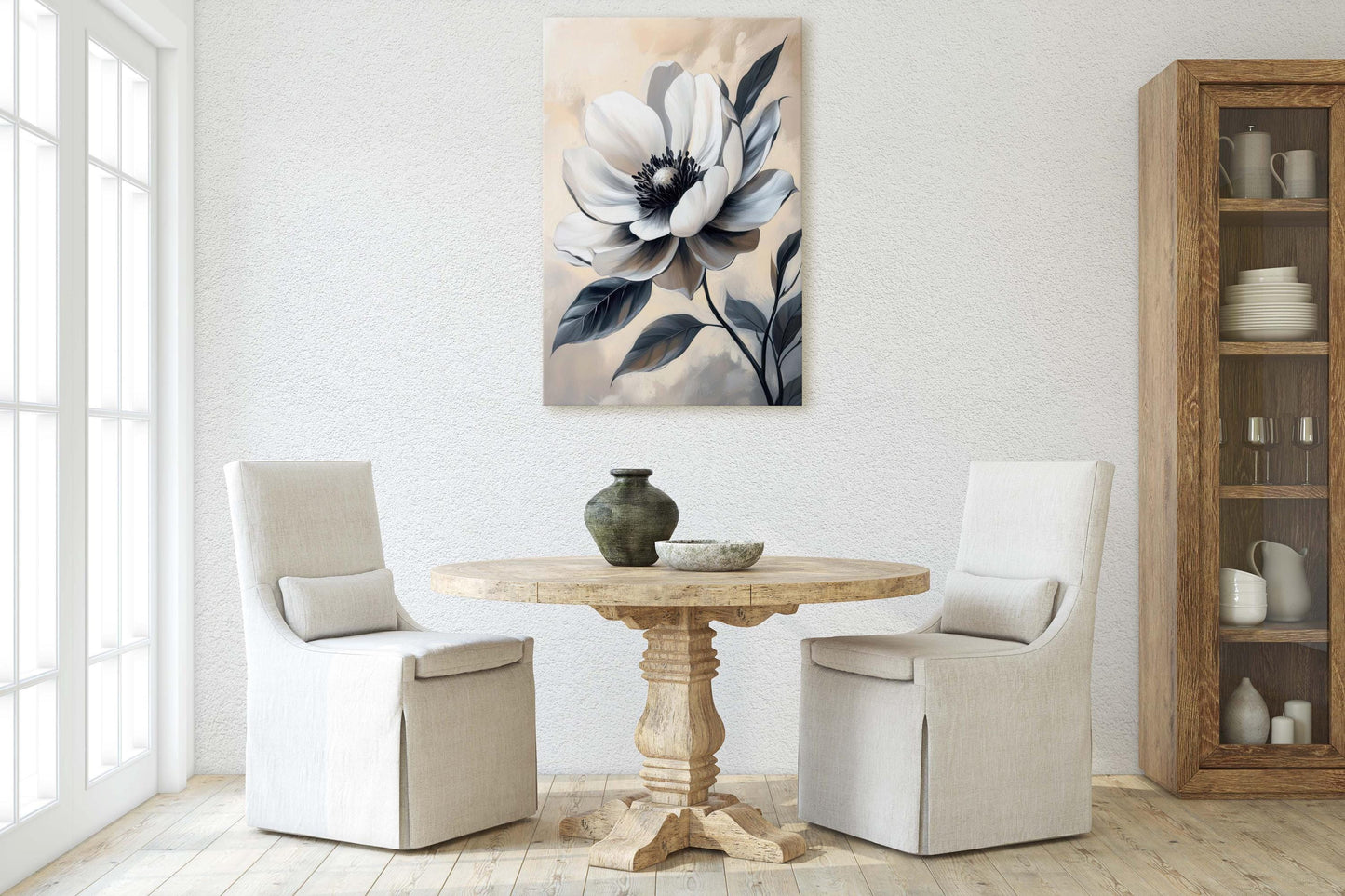 Black And White Flower, Flower Painting, Neutral Tones, Beige Black White