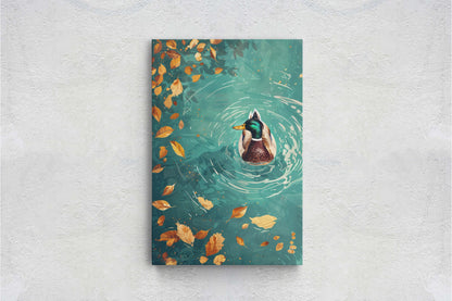 Mallard Duck Fall, Duck in Lake, Framed Canvas, Fall Season, Large Art print, Vertical Print, Leaves in Lake, Tranquil Decor