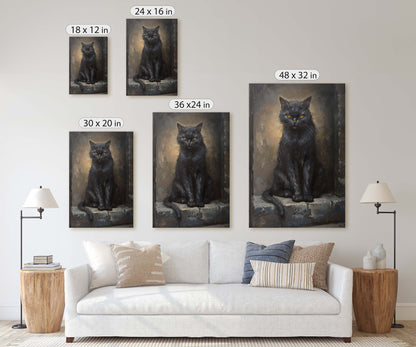 Ominous Cat, Black Cat Stare, Halloween Decor, Gothic Art, Framed Canvas, Extra Large print