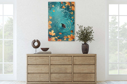 Mallard Duck Fall, Duck in Lake, Framed Canvas, Fall Season, Large Art print, Vertical Print, Leaves in Lake, Tranquil Decor