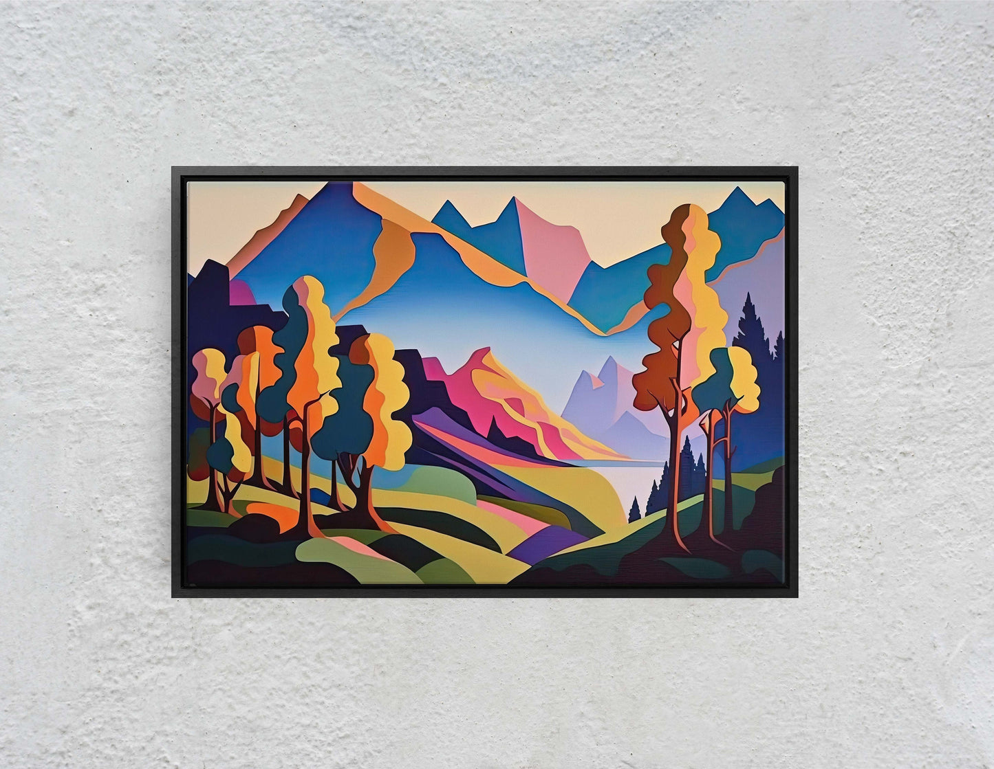 Surreal Mountain, Subdued Landscape, Simplistic Painting, Minimal Abstract, Modern, Art Deco, Geometric Shapes