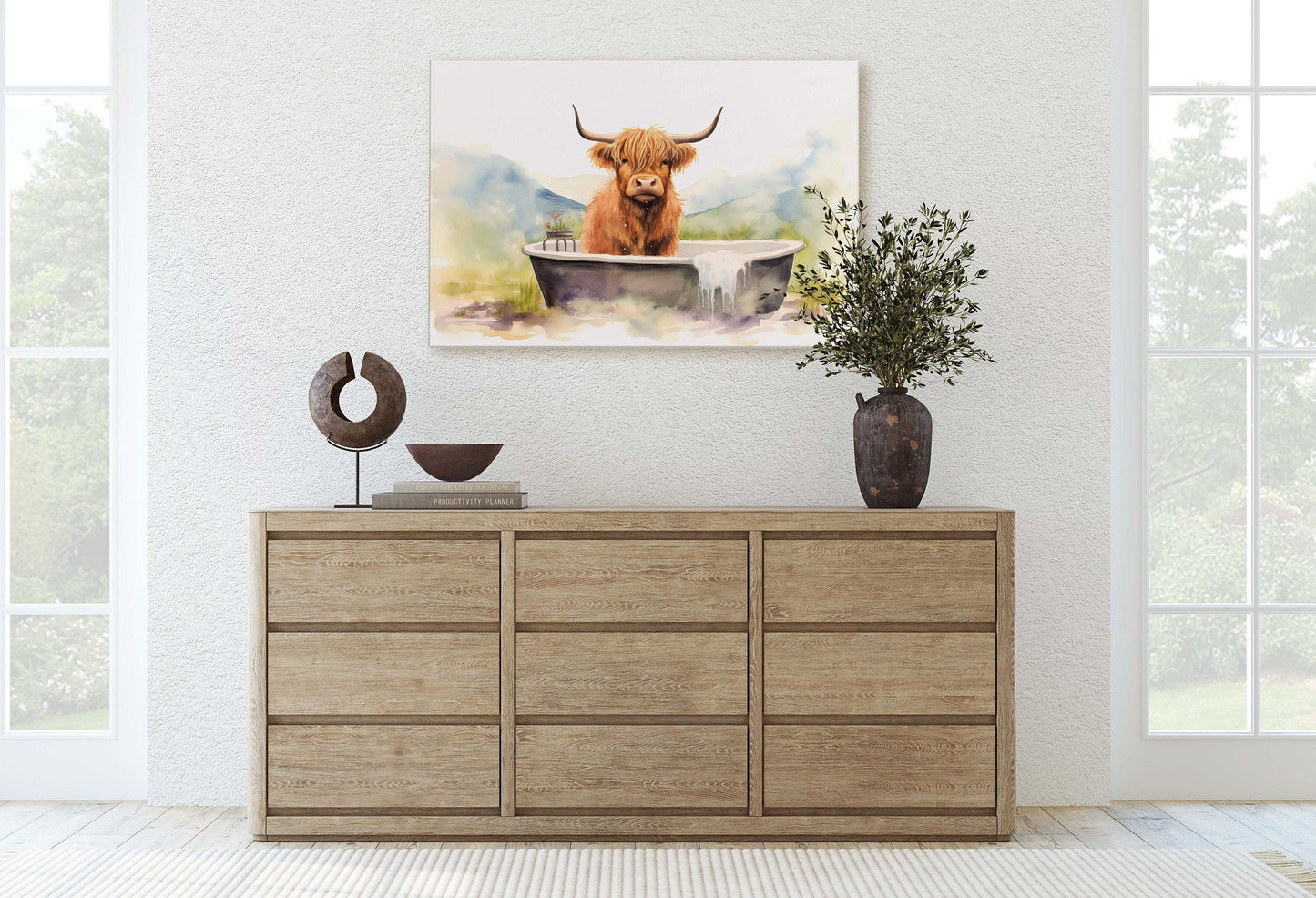 Highland Cow on Canvas, Cow Bathtub, Bathroom Decor, Scottish Cow, Bovine Art, Powder Room, Barn Style, Fun Art, Farm Print, Oversized Art