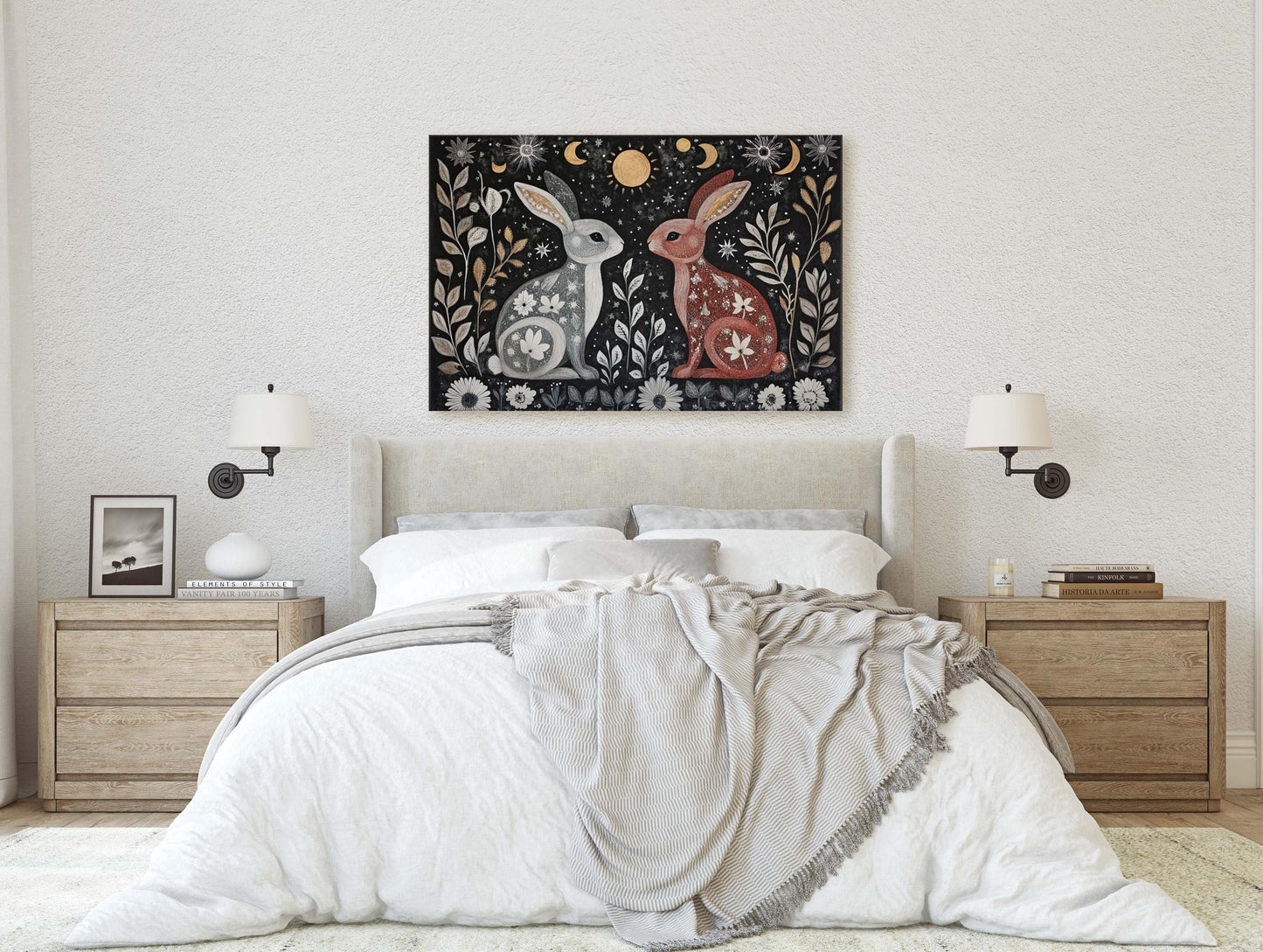 Rabbit Folk Art, Celestial Art, Bunny Art, Nature print, Canvas print