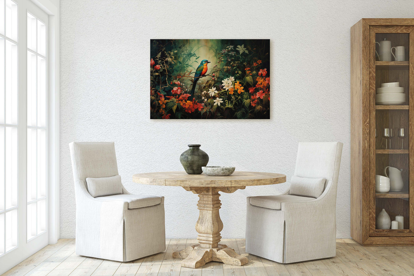 Jungle Bird Painting, Jungle Art, Green Jungle, Framed Canvas, Large Print, Beautiful Bird, Flower Jungle, Tropical Forest, Rainforest Art
