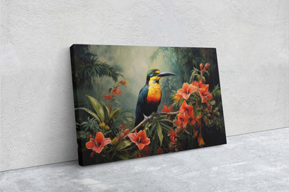 Jungle Bird Painting, Jungle Art, Green Jungle, Framed Canvas, Large Print, Beautiful Bird, Flower Jungle, Tropical Forest, Rainforest Art