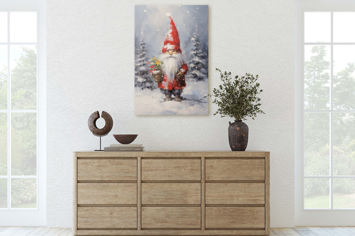 Christmas Elf, Christmas Gnome, Santa Clause Flower, Cute Santa, Christmas Decor, Xmas Painting, Framed Canvas