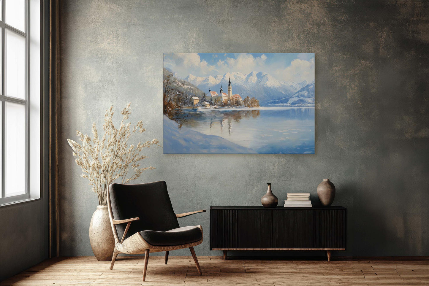 Lake Bled Painting, Slovenia Art, Scenic Art, Winter Lake