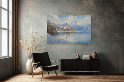 Lake Bled Painting, Slovenia Art, Scenic Art, Winter Lake
