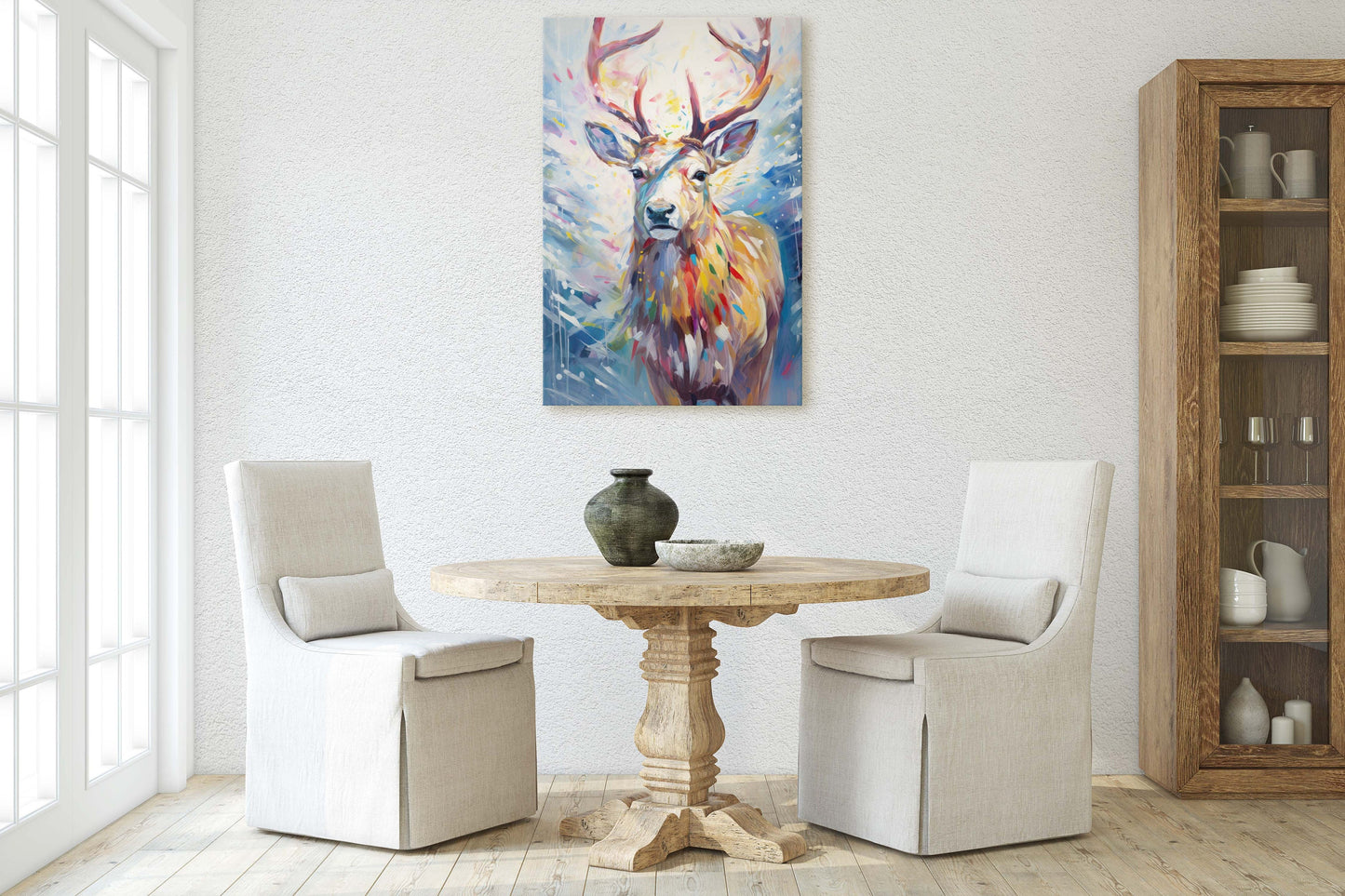 Reindeer Painting, Colorful Reindeer, Christmas Decor, Winter Art, Framed Canvas, Xmas Art, Festive Painting, Christmas Print