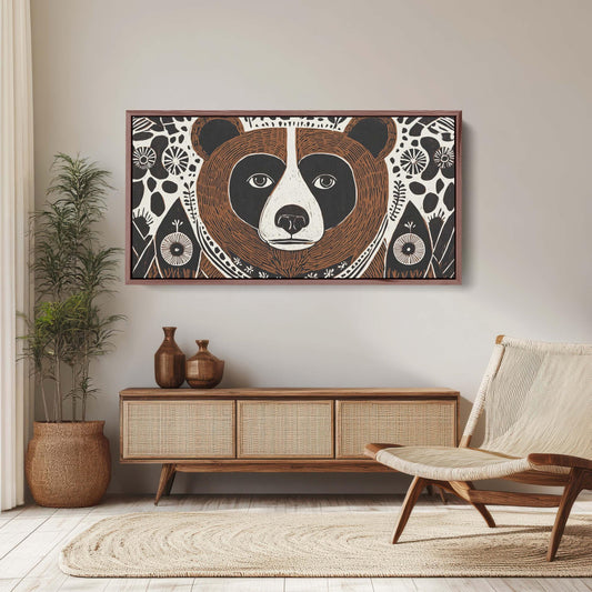 Bear Folk Art, Scandinavian Print, Large Canvas, Linocut Print