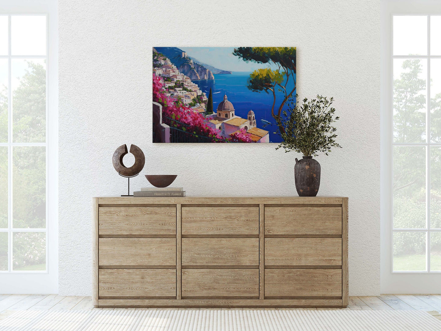 Italy Amalfi Coast, Seaside Coast, Colorful, Flowers Canvas, Coastline, Large Print, Painting, Landscape, Ocean Side, Beautiful View