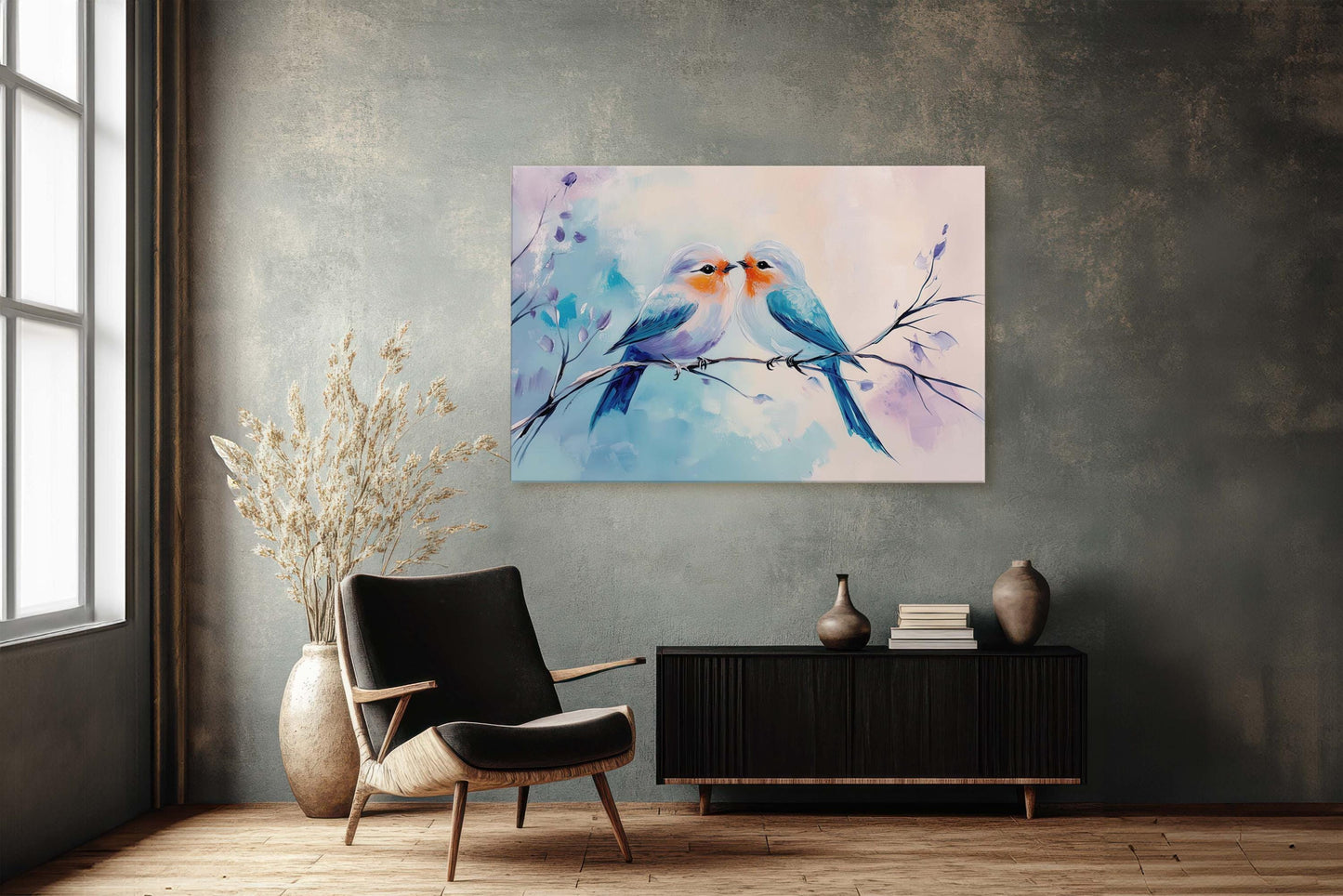 Love Birds, Bird Print, Pastel Colors, Blue Pink