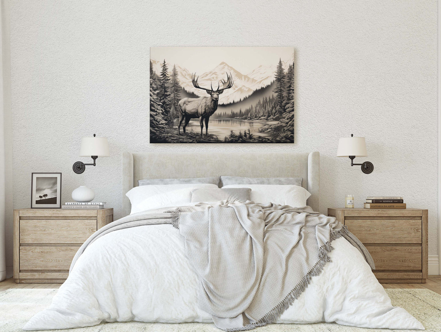 Black and White Elk,  Elk Painting, Cabin Decor, Mountain Home Art, Framed Canvas, Moose Painting, Neutral Color, Mountain Range, Nature Art
