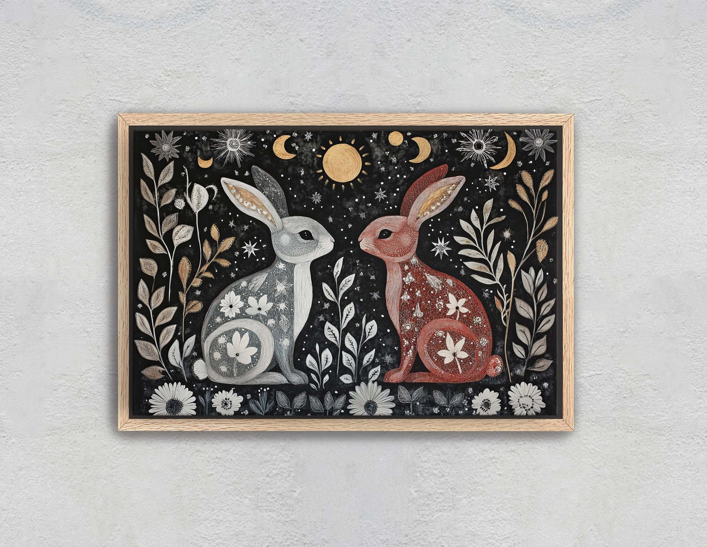 Rabbit Folk Art, Celestial Art, Bunny Art, Nature print, Canvas print
