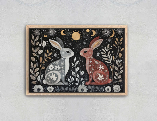 Rabbit Folk Art, Celestial Art, Bunny Art, Nature print, Canvas print