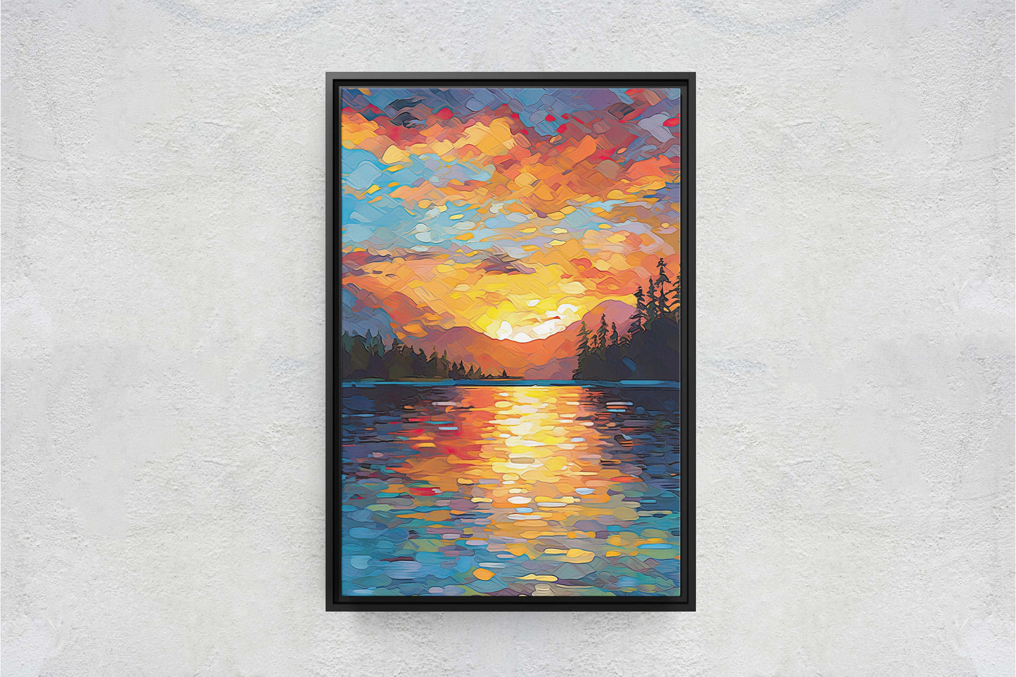 Lake at Sunset, Fauvist Color, Calm Water, Chromatic, Impressionist Art, Landscape Decor, Nature Painting, Ready to Hang, Canvas Print