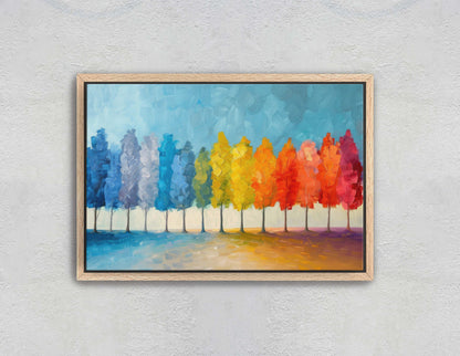 Pastel Trees, Seasons Painting, Rainbow Tree, Spring Summer, Fall Winter, Blue Tones, Colorful Vivid, Framed Canvas, Large Art Print