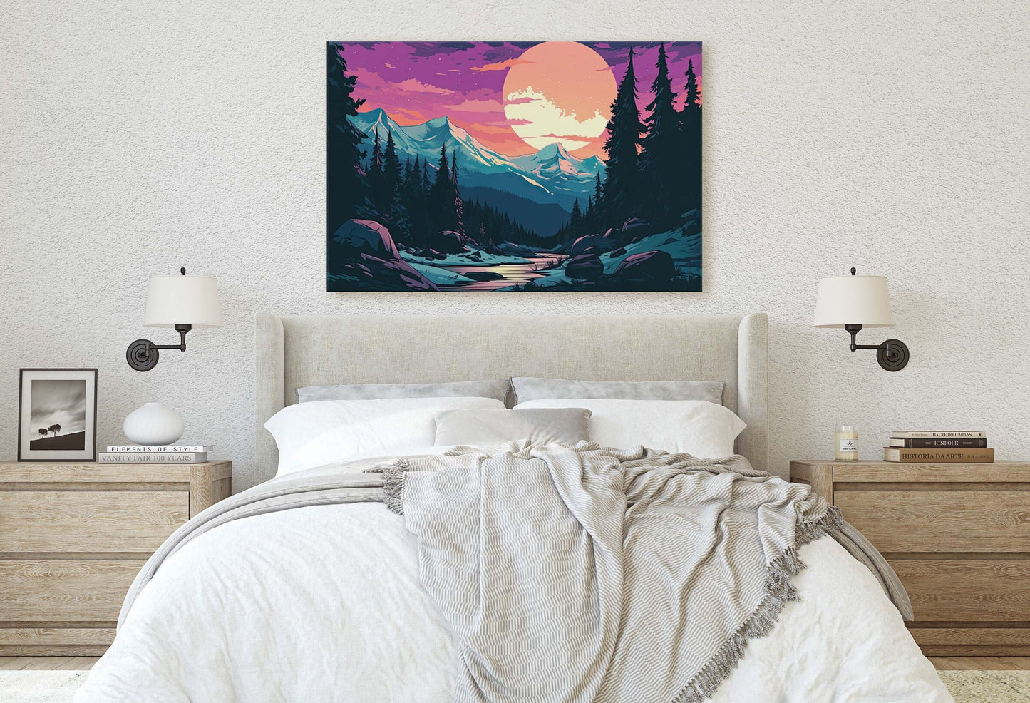 Mountain and Moon on Canvas, Nightfall Mountains, Midnight Landscape, Vibrant Color, Bold Design, Colorado Mountain, Illustration Outdoors