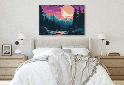 Mountain and Moon on Canvas, Nightfall Mountains, Midnight Landscape, Vibrant Color, Bold Design, Colorado Mountain, Illustration Outdoors