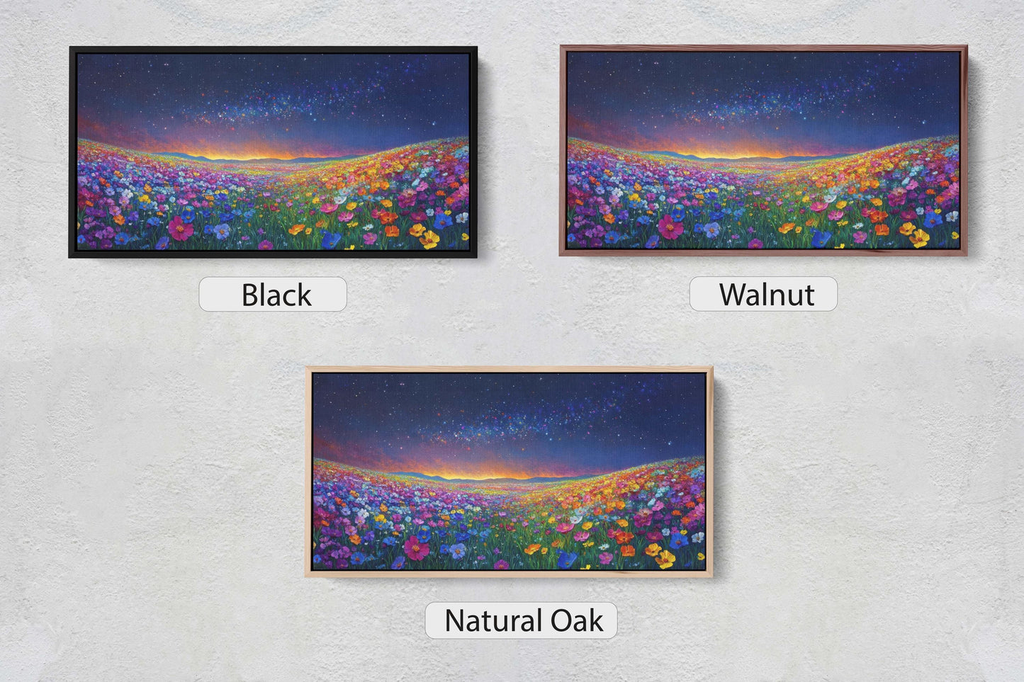 three paintings of flowers on a white wall
