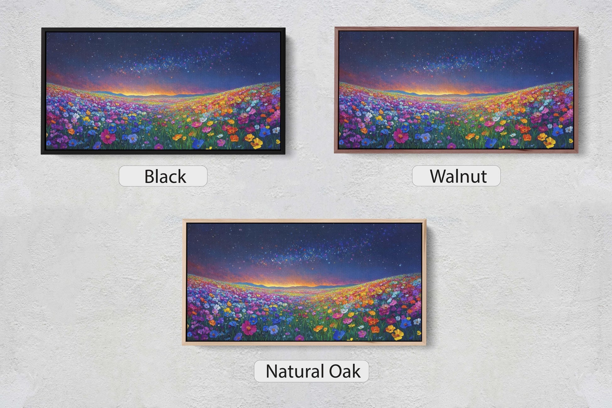 three paintings of flowers on a white wall