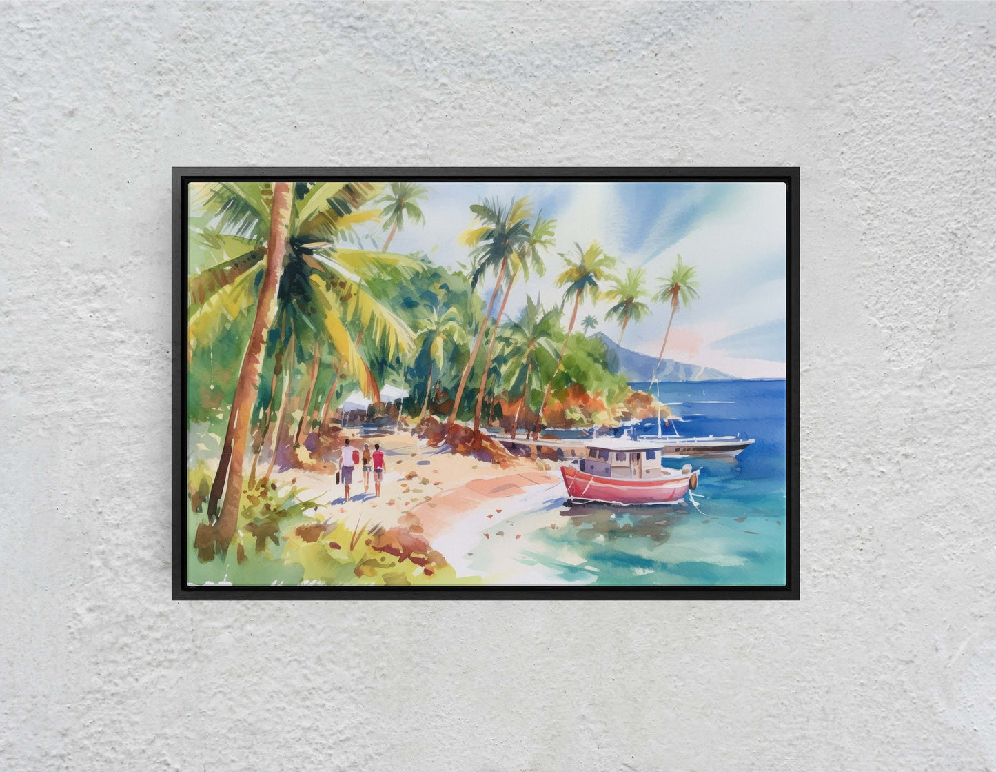 Beachside on Canvas, Ocean Beach, Watercolor, Hawaii Landscape, Tropical Water, Framed Canvas