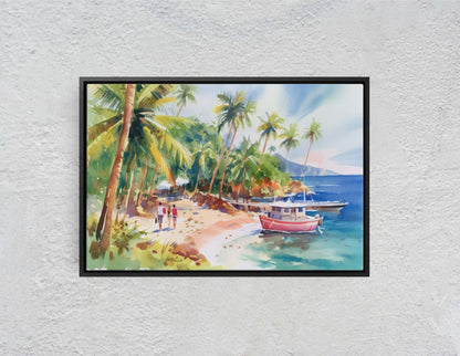 Beachside on Canvas, Ocean Beach, Watercolor, Hawaii Landscape, Tropical Water, Framed Canvas