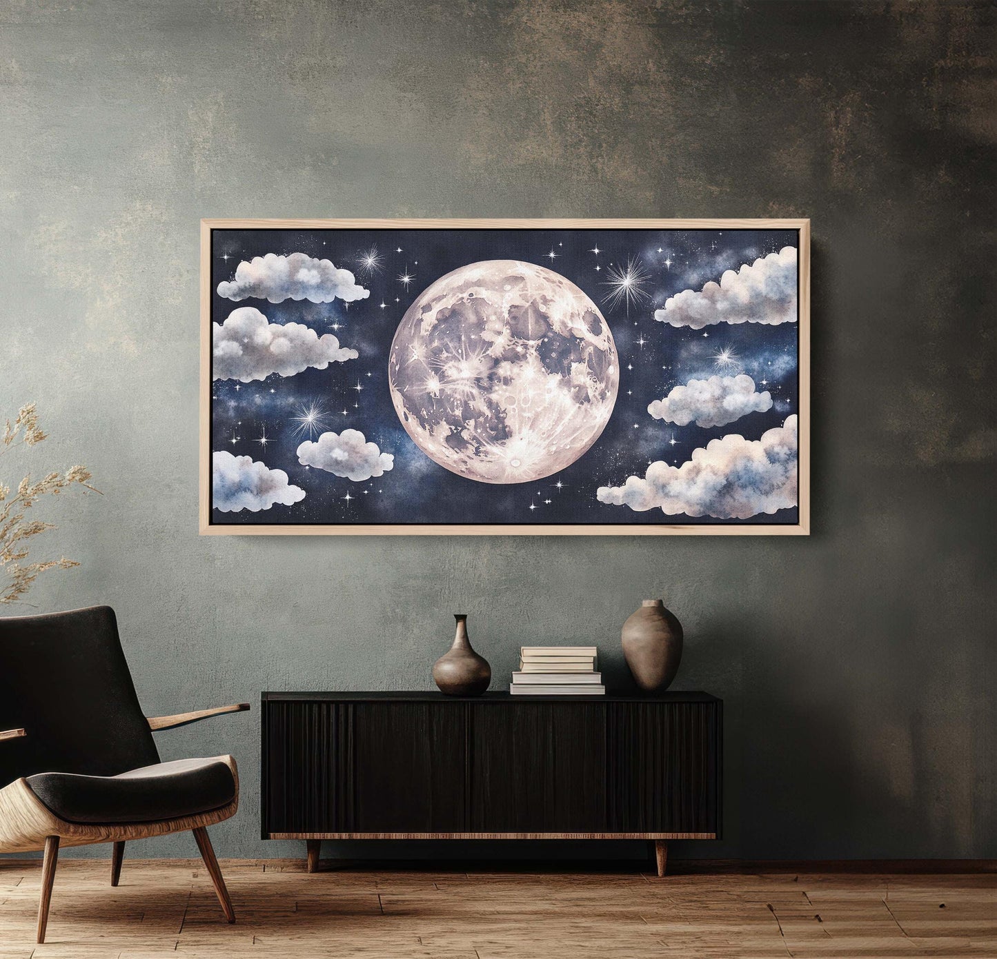 Cloudy Moon Sky, Moon Painting, Moon and Stars