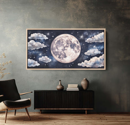 Cloudy Moon Sky, Moon Painting, Moon and Stars