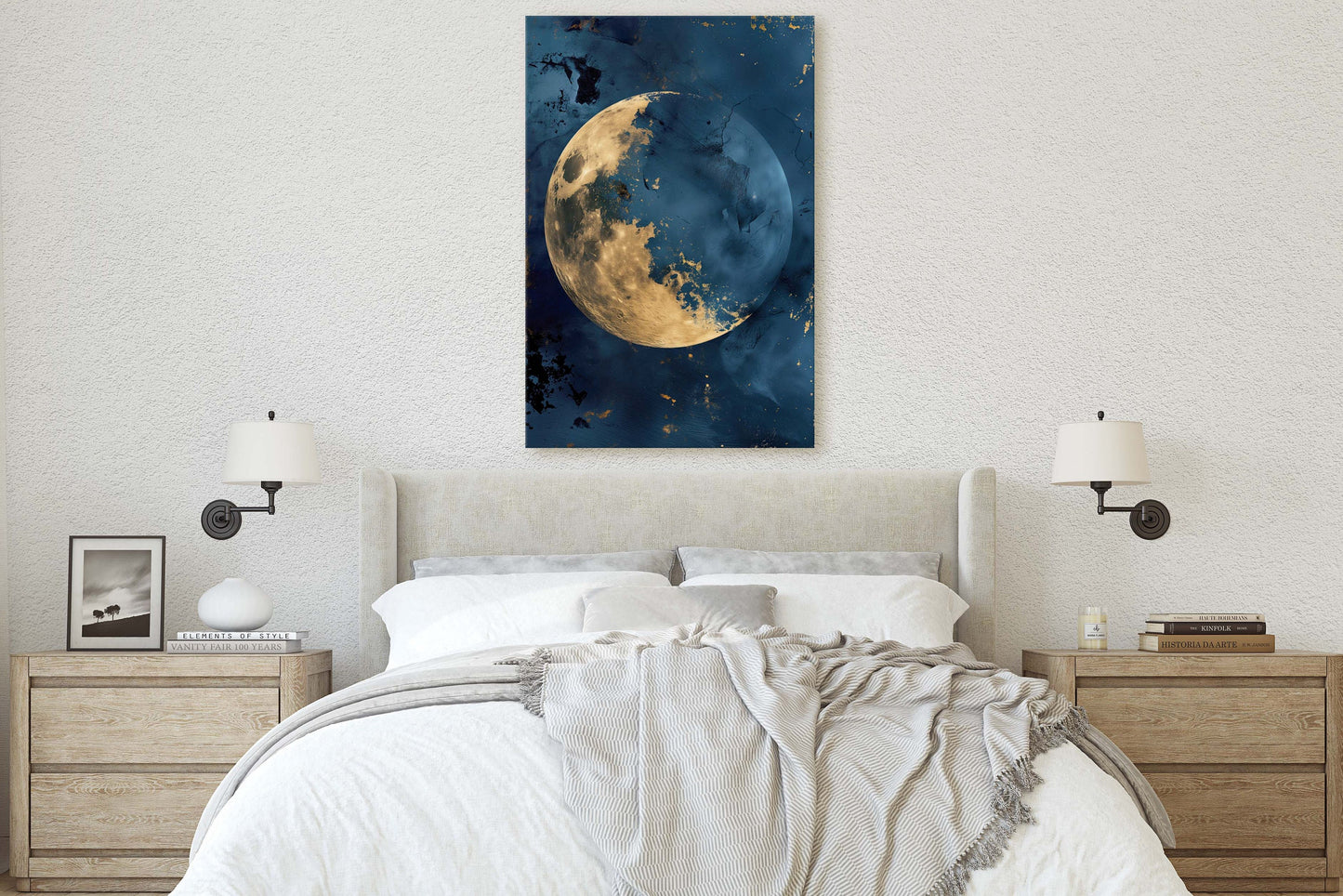 Gold Moon Indigo, Celestial Painting, Gold and Dark Blue, Minimalist Decor, Maximalist Art, Framed Canvas, Space Decor, Night Sky