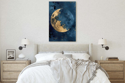 Gold Moon Indigo, Celestial Painting, Gold and Dark Blue, Minimalist Decor, Maximalist Art, Framed Canvas, Space Decor, Night Sky