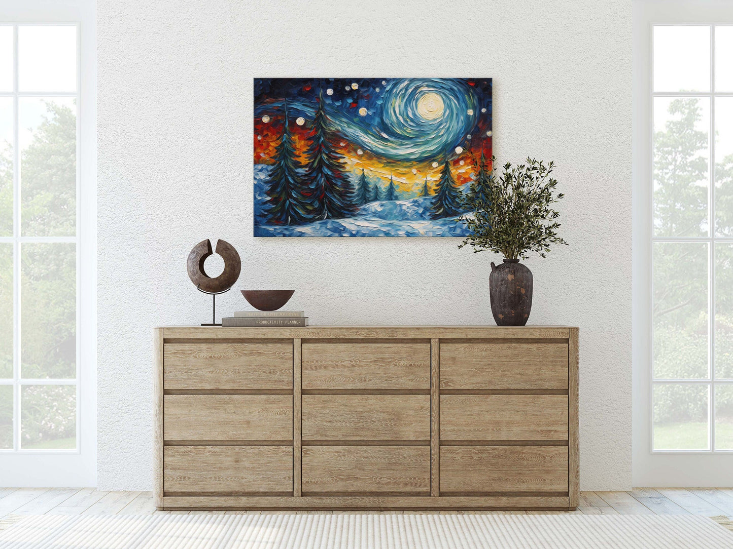 Winter Starry Night, Pine Trees Snow, Colorful Snow, Van Gogh, Framed Canvas, Night Sky, Star Sky