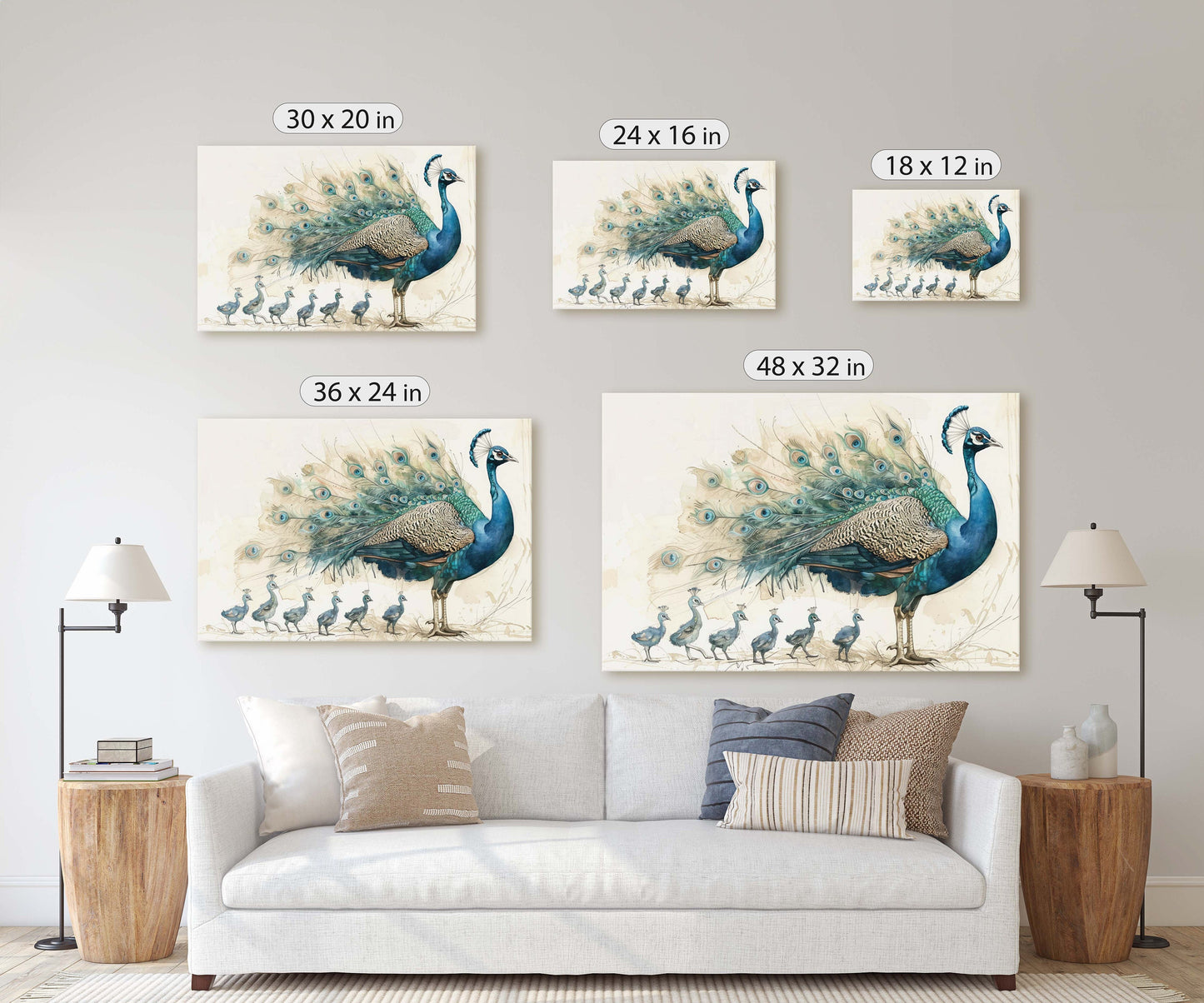Peacock Family, Peacock Painting, Bird Family, Mom and Kids, Children Babies, Large Art Print, Framed Canvas, Dad Child