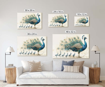 Peacock Family, Peacock Painting, Bird Family, Mom and Kids, Children Babies, Large Art Print, Framed Canvas, Dad Child