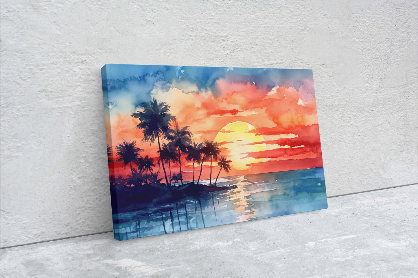 Beach Sunset on Canvas, Tree silhouette, Sunrise Beach, Watercolor, Framed Canvas, Red Orange, Blue