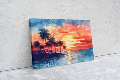 Beach Sunset on Canvas, Tree silhouette, Sunrise Beach, Watercolor, Framed Canvas, Red Orange, Blue