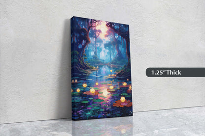 Enchanted Pond, Lamps Night Art, Lantern Forest, Vertical Canvas, Fantasy Decor, Office Art, River Art, Lily Pond, Floating Flower