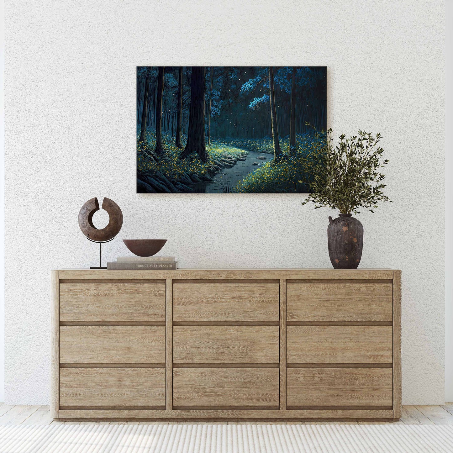 Mystical Forest at Night Fireflies Canvas Art Ready To Hang Large Print, Painting