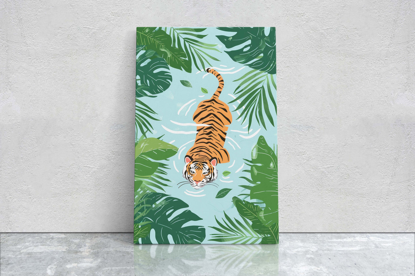 Tiger Swimming, Tropical Wall Art, Framed Canvas, Big Cat Art, Jungle Decor, Rainforest Art