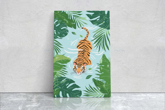 Tiger Swimming, Tropical Wall Art, Framed Canvas, Big Cat Art, Jungle Decor, Rainforest Art