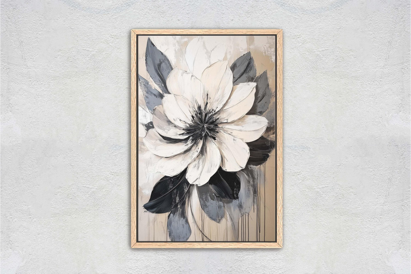 Flower Painting, Black White Flower, Contemporary Art, Beige Black White