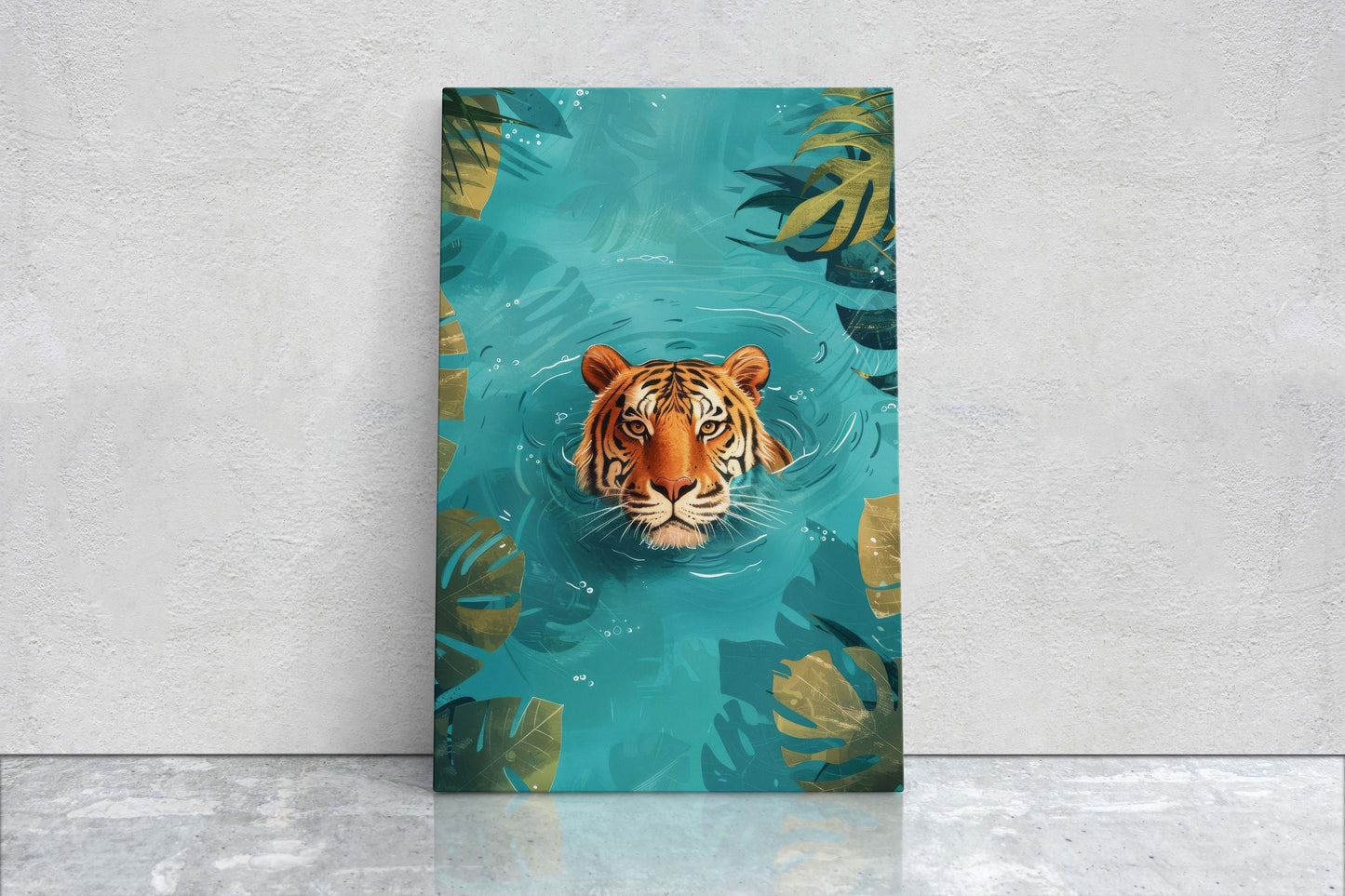 Tiger in Water, Big Cat Art, Framed Canvas, Large Art Print, Tropical Decor, Rainforest Print, Jungle Art