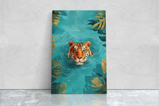 Tiger in Water, Big Cat Art, Framed Canvas, Large Art Print, Tropical Decor, Rainforest Print, Jungle Art